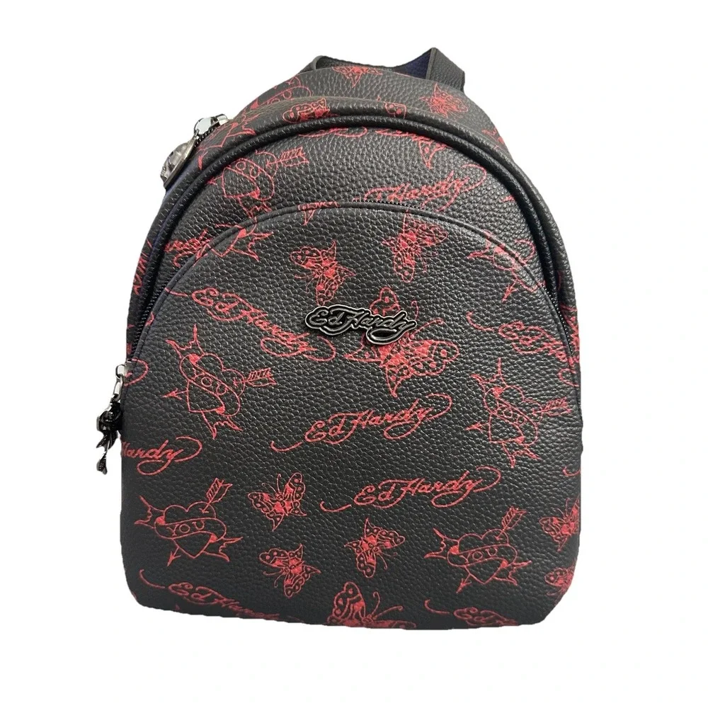 Ed Hardy Women's  Butterfly Design Red/Black Faux Leather Mini Backpack New